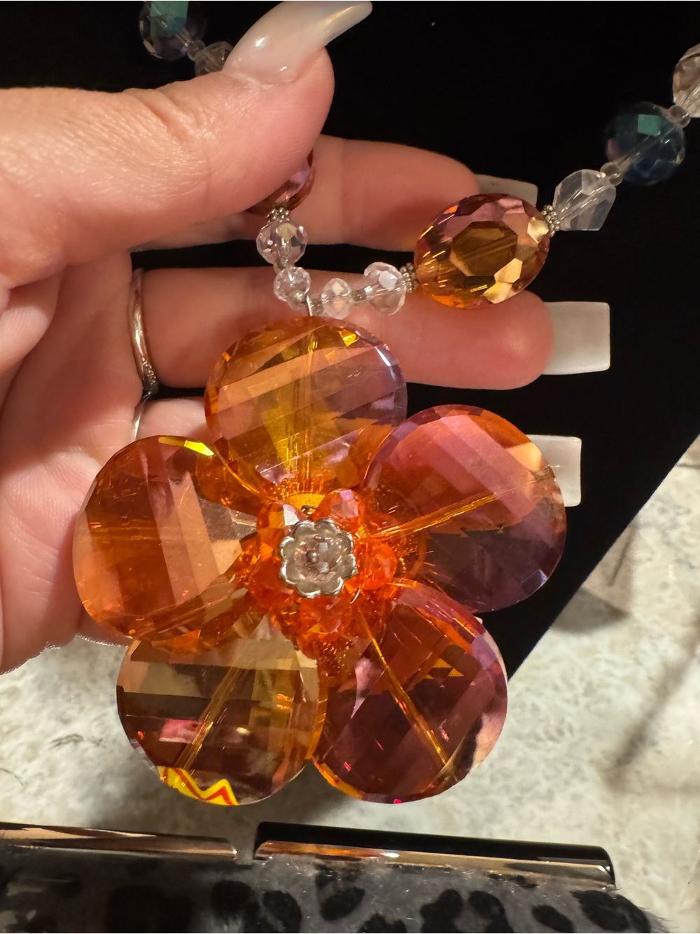 Orange Crystal Flower Pendant Necklace - Women Jewelry